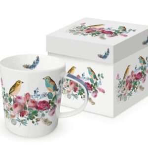 White mug with birds and flowers and a gift box with identical design
